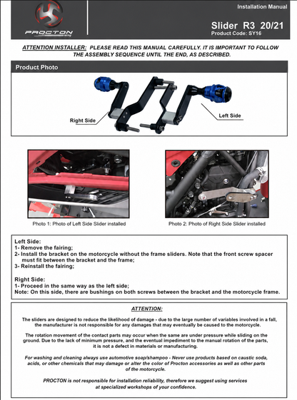 Yamaha - R3 (2025-on) - Procton Racing Rotational Impact System – Frame Sliders F1